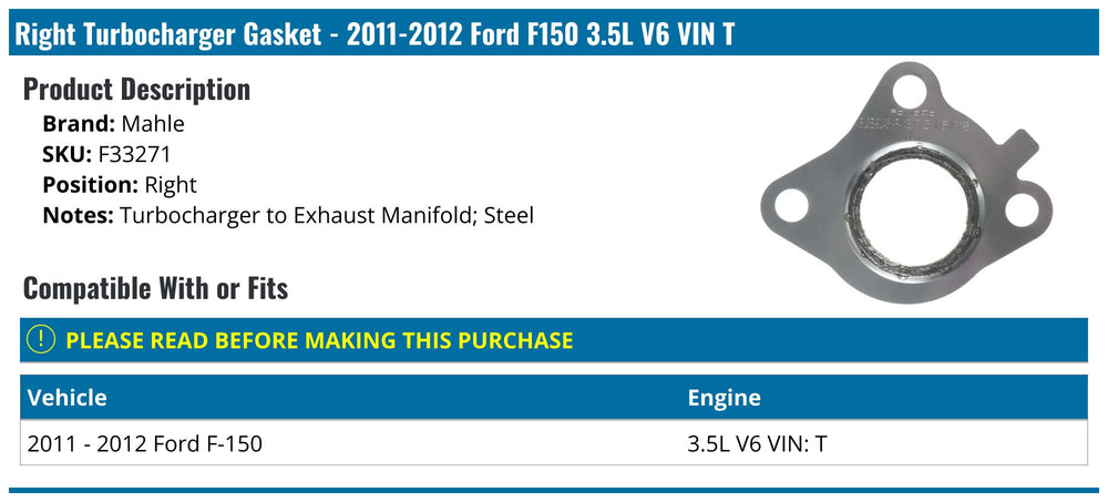 ~(0 lbs. 8X5X0)~ FORD 213 cid (3.5L) DOHC 24v V6 ECOBOOST. F-150 (11-12). RIGHT TURBOCHARGER