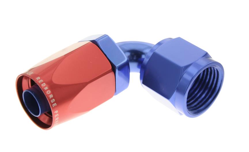 06 90 DEGREE FEMALE ALUMINUM HOSE END RED&BLUE