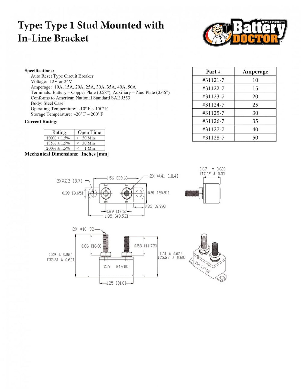 CIRCUIT BREAKERTYPE 1VERTICAL BRACKET15 AMPRETAIL PKG