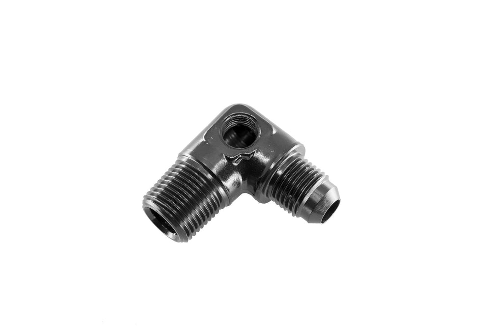 08 AN MALE TO 3/8 IN NPT MALE ADAPTER WITH 1/8 IN NPT PORT90DEGBLACK