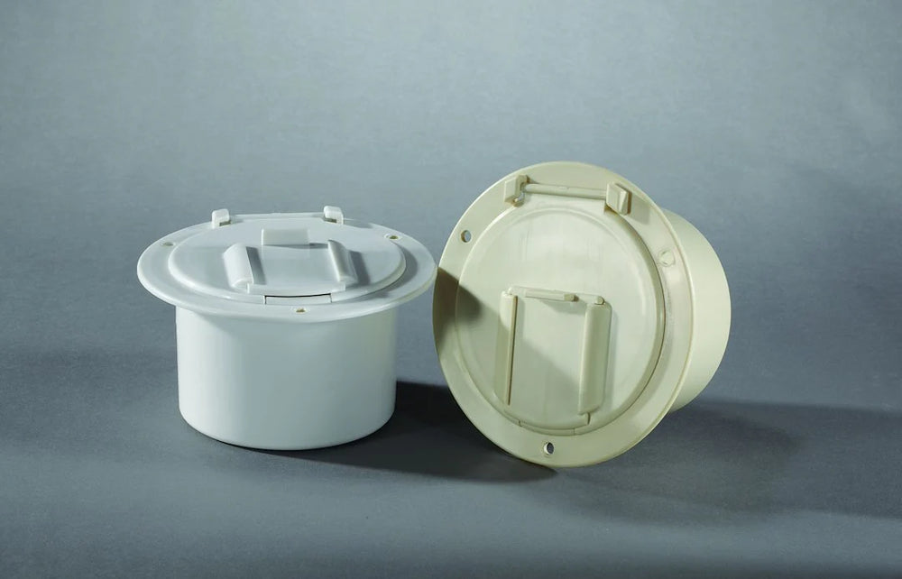LOW PROFILE CABLE HATCH ROUND POLAR WHITE 4.6IN X 2.6IN (REPLACEABLE LID)