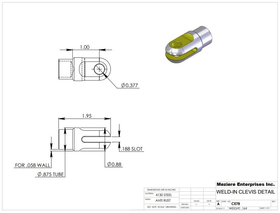 Weld-In Slot Clevis - 7/8 x .058 3/16