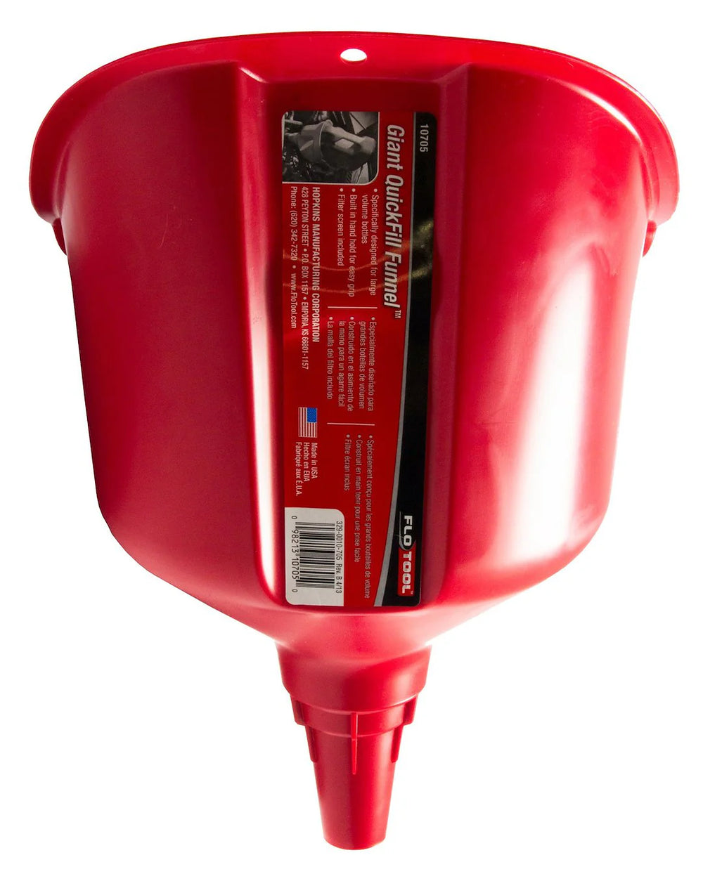 Giant Funnel: splash guard protects against fuel spills; snap-in screen; easy grip guard makes pouring safe and sasy; use for marine, tractor, and trucks; red