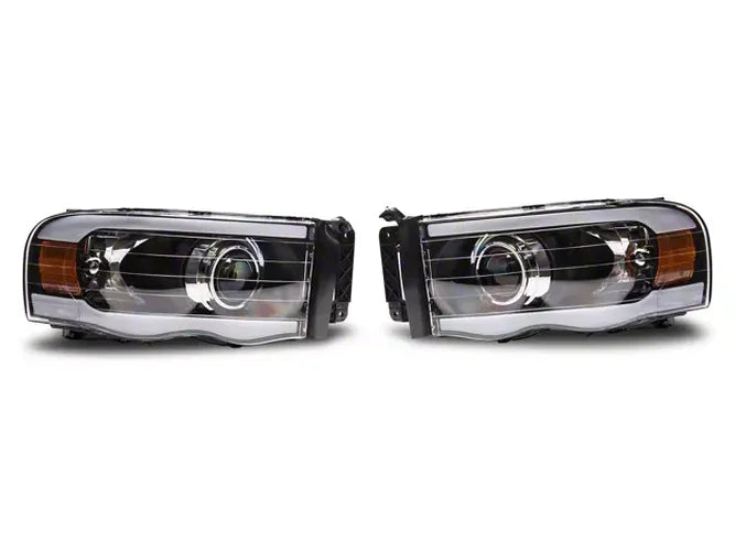 Raxiom 02-05 Dodge RAM 1500/2500/3500 Axial Series Proj Headlights/Seq LED Bar- Black- Clear Lens