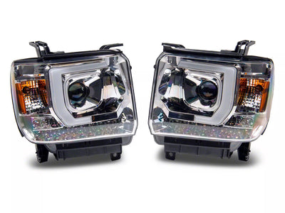 Raxiom 14-15 Chevrolet Sierra 1500/15-16 2500HD/3500HD Axial Series Proj Hdlts- Chrome- Clear Lens