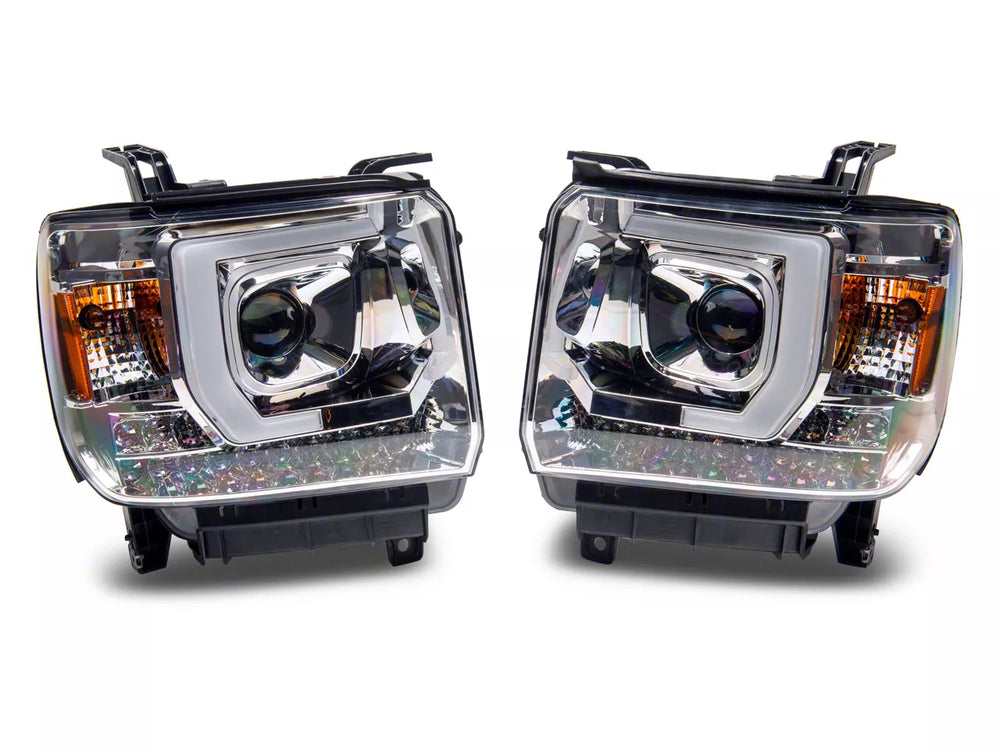 Raxiom 14-15 Chevrolet Sierra 1500/15-16 2500HD/3500HD Axial Series Proj Hdlts- Chrome- Clear Lens