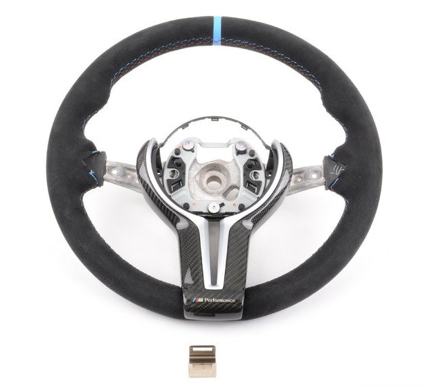 Steering Wheel with White Stitching and Blue Center Line
