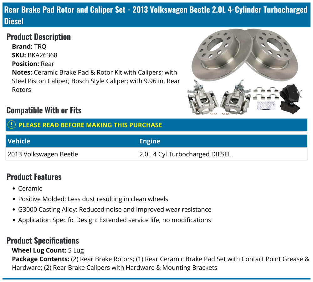 Rear Brake Rotor, Pad, and Caliper Set