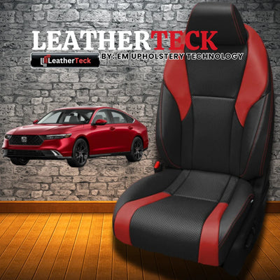 Black with Red Wings and Red Stitching Leather Upholstery