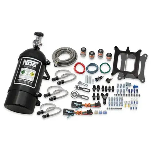 Pro Two-Stage Wet Nitrous System For 4150 4-Barrel Carburetor-Black Fits Holley 4150 And Carter Afb (Late) 200-500 Hp Includes Black 10 Lb Bottle NOS
