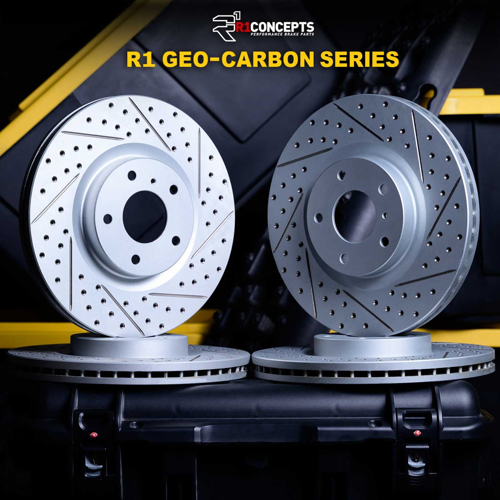 R1 09-24 Dodge Ram 3500 Front & Rear Drilled & Slotted Carbon Coated Brake Rotor Set