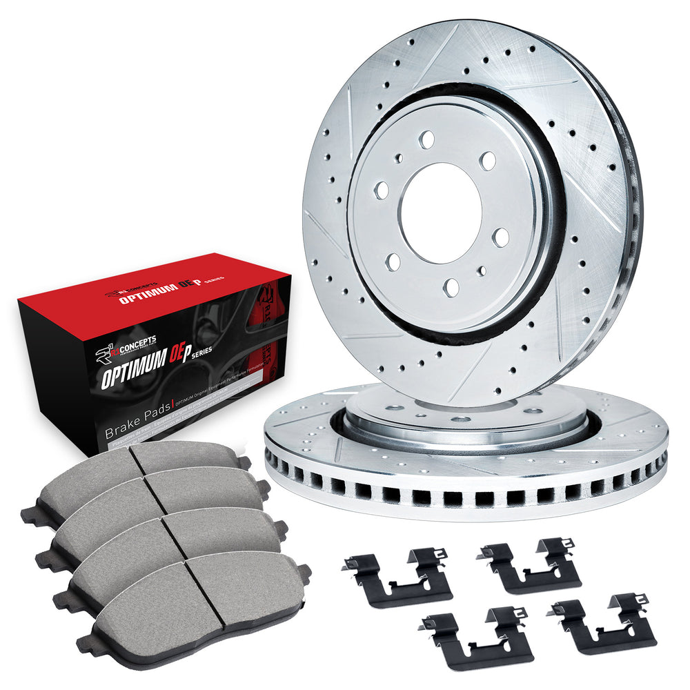R1 17-20 Buick Enclave Rear Drilled & Slotted Silver Brake Rotor Set w/Optimum OE Pads and Hardware
