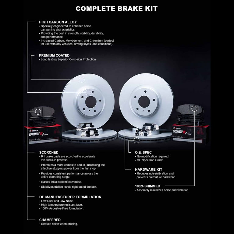 R1 Concepts Brake Rotors - Carbon Coated w/ Optimum Oe Pads Hdw