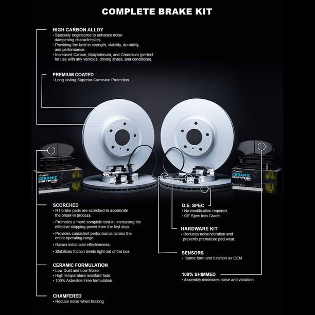 R1 Concepts Brake Rotors - Carbon Coated w/ Euro Ceramic Pads Snsr Hdw
