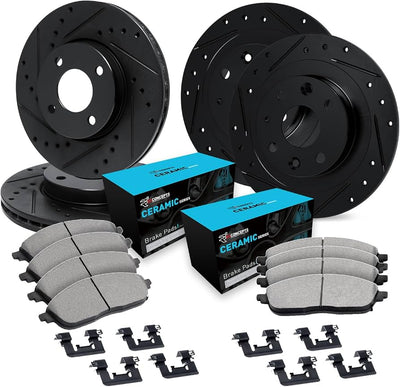 R1 92-97 Honda Civic Front & Rear Drill/Slot Black Rotors w/Ceramic Pads