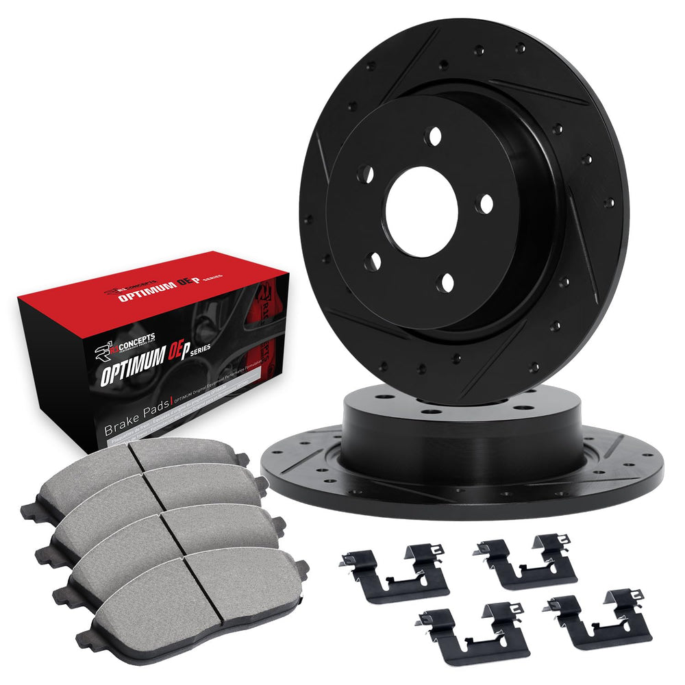 R1 12-17 Audi Q5 Rear Drilled & Slotted Black Brake Rotor Set w/Optimum OE Pads and Hardware