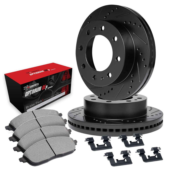 R1 09-18 Dodge Ram 3500 Front Drilled & Slotted Black Brake Rotor Set w/Optimum OE Pads and Hardware