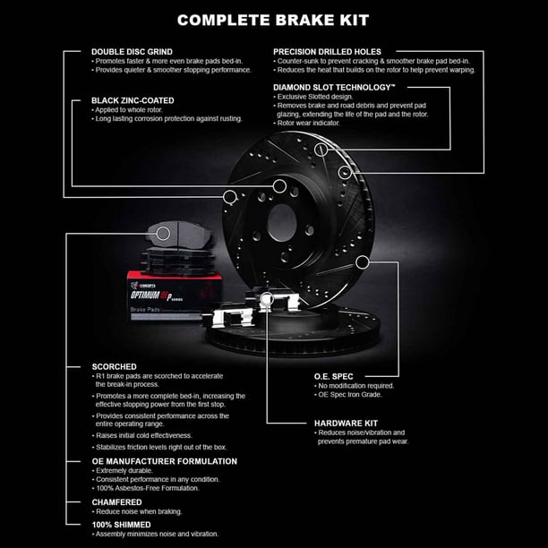 R1 Concepts Black Drilled Slotted Rotors with 5000 Oep Brake Pads Hdw