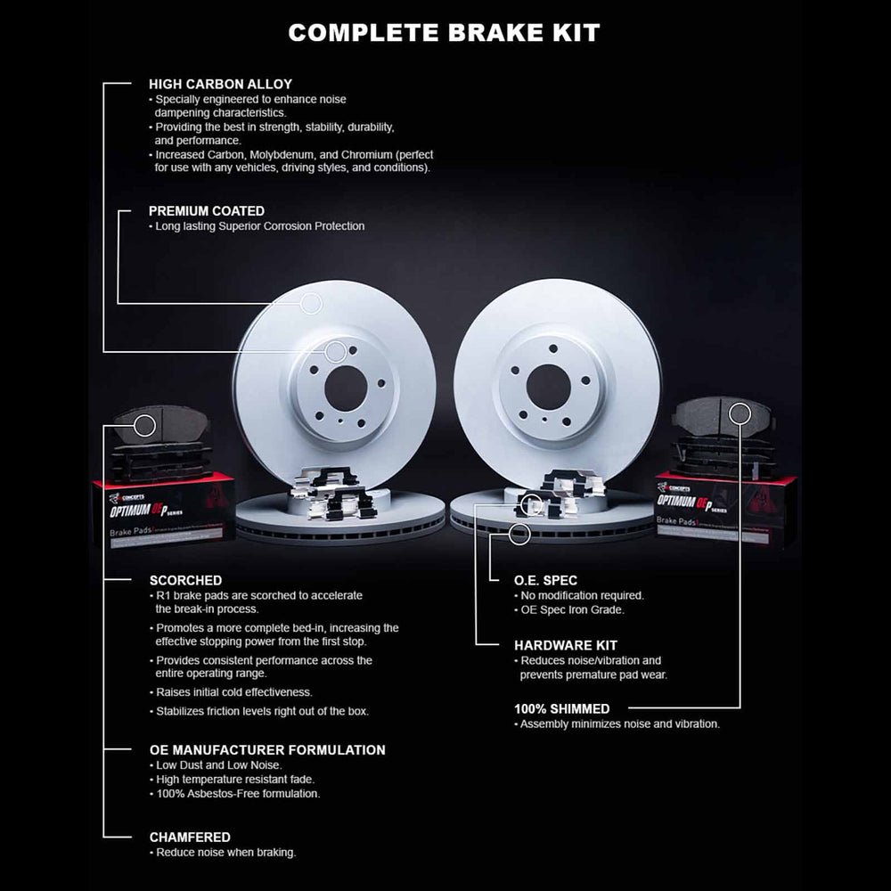 R1 05-14 Volkswagen Golf Front & Rear Carbon Coated Brake Rotor Set w/Optimum OE Pads and Hardware
