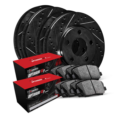 R1 Concepts Black Drilled Slotted Rotors with 5000 Oep Brake Pads Fits Audi A3