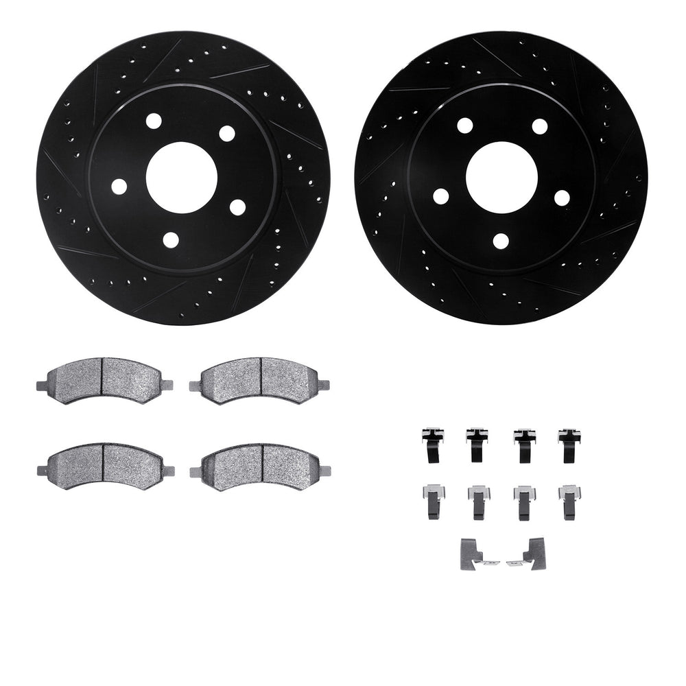 R1 06-24 Chrysler Aspen Front Drilled & Slotted Black Brake Rotor Set w/Optimum OE Pads and Hardware