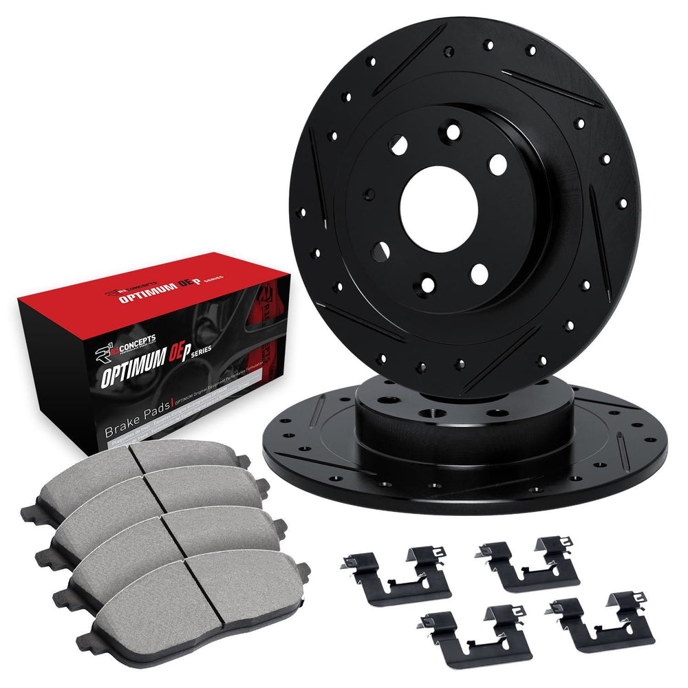 R1 72-72 Toyota Corona Front Drilled & Slotted Black Brake Rotor Set w/Optimum OE Pads and Hardware