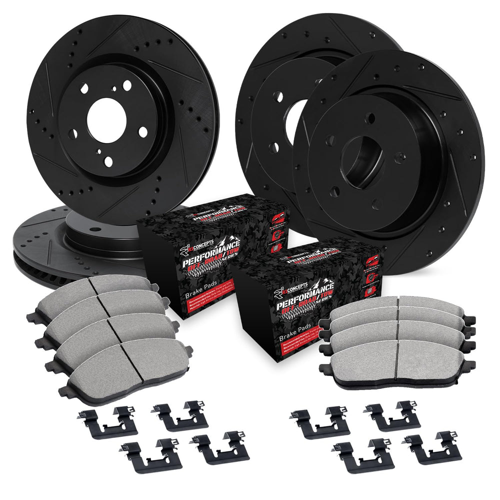 R1 07-18 Jeep Wrangler Front & Rear Drill/Slot Black Rotors w/Off-Road/Tow Pads