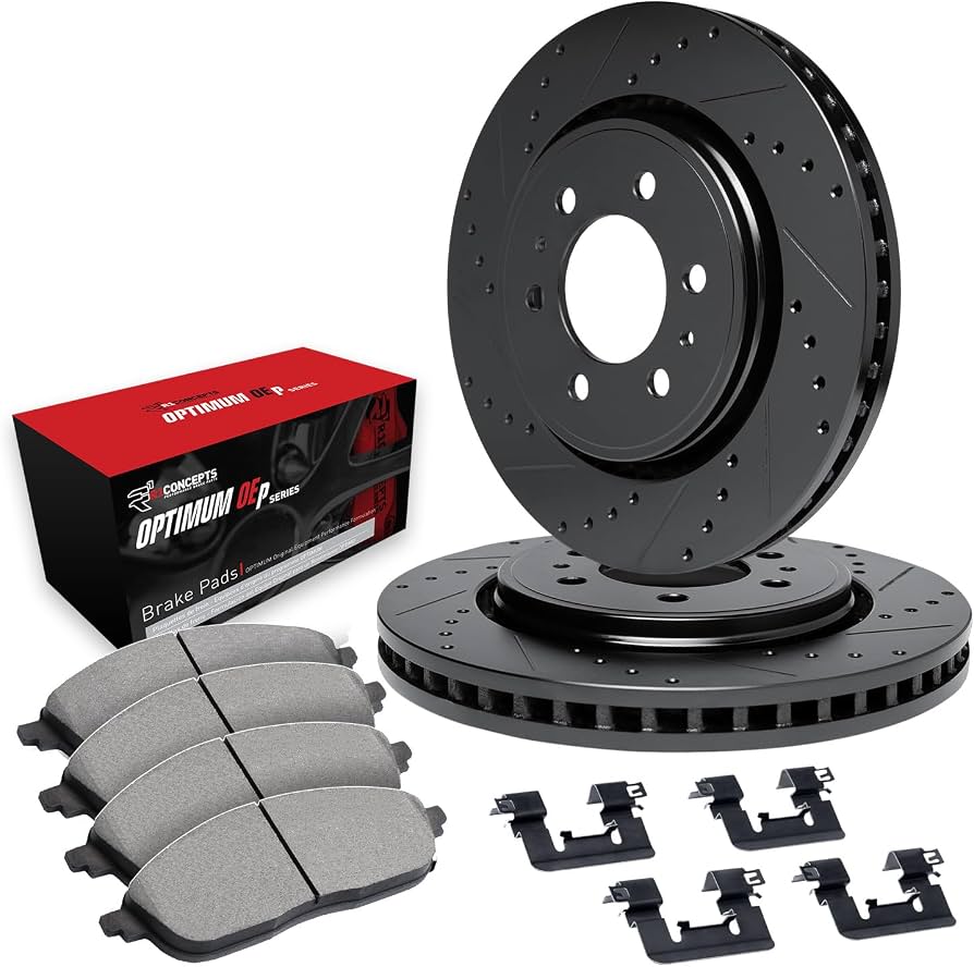 R1 09-12 Chevy Colorado Front Drill/Slot Black Rotors w/Optimum Pads