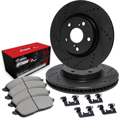 R1 Concepts Black Drilled Slotted Rotors with 5000 Oep Brake Pads Hdw