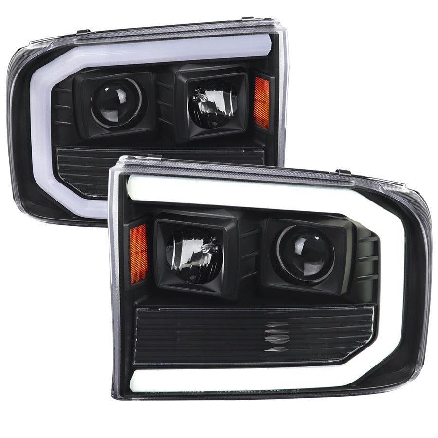 PROJECTOR HEADLIGHTS WITH LED BAR MATTE BLACK HOUSING AND SMOKED LENS AMBER REFLECTOR