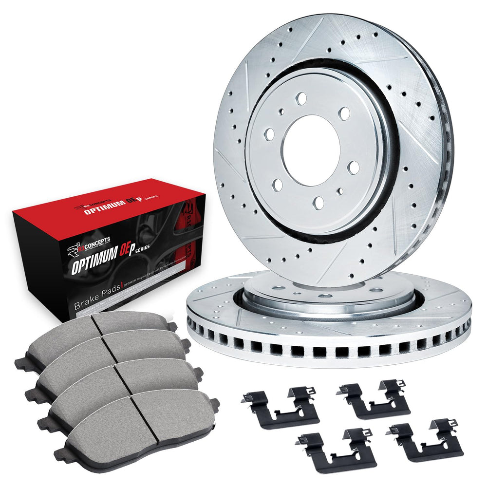 R1 Concepts Silver Drilled Slotted Rotors with 5000 Oep Brake Pads Hdw Fits Nissan Pathfinder