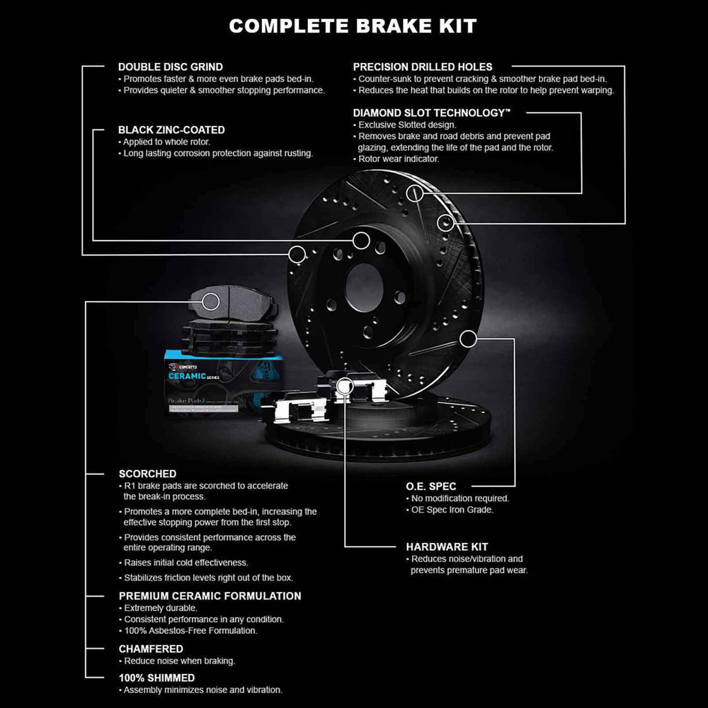 R1 02-07 Mitsubishi Lancer Front Drilled & Slotted Black Brake Rotor Set w/Ceramic Pads and Hardware