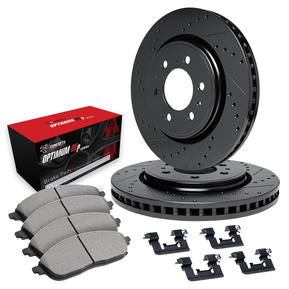 R1 05-24 Nissan Frontier Front Drill/Slot Black Rotors w/Optimum Pads