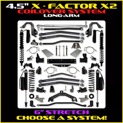 Rock Krawler 4.5 Inch X Factor X2 Pro Elite Coil Over Long System w/ 6 Rear Stretch and Fast CD Adjusters Lift Kit with Shocks JK45X2PLA-6CSS2