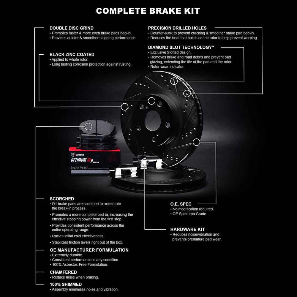 R1 17-23 Subaru Impreza Front Drilled & Slotted Black Brake Rotor Set w/Optimum OE Pads and Hardware