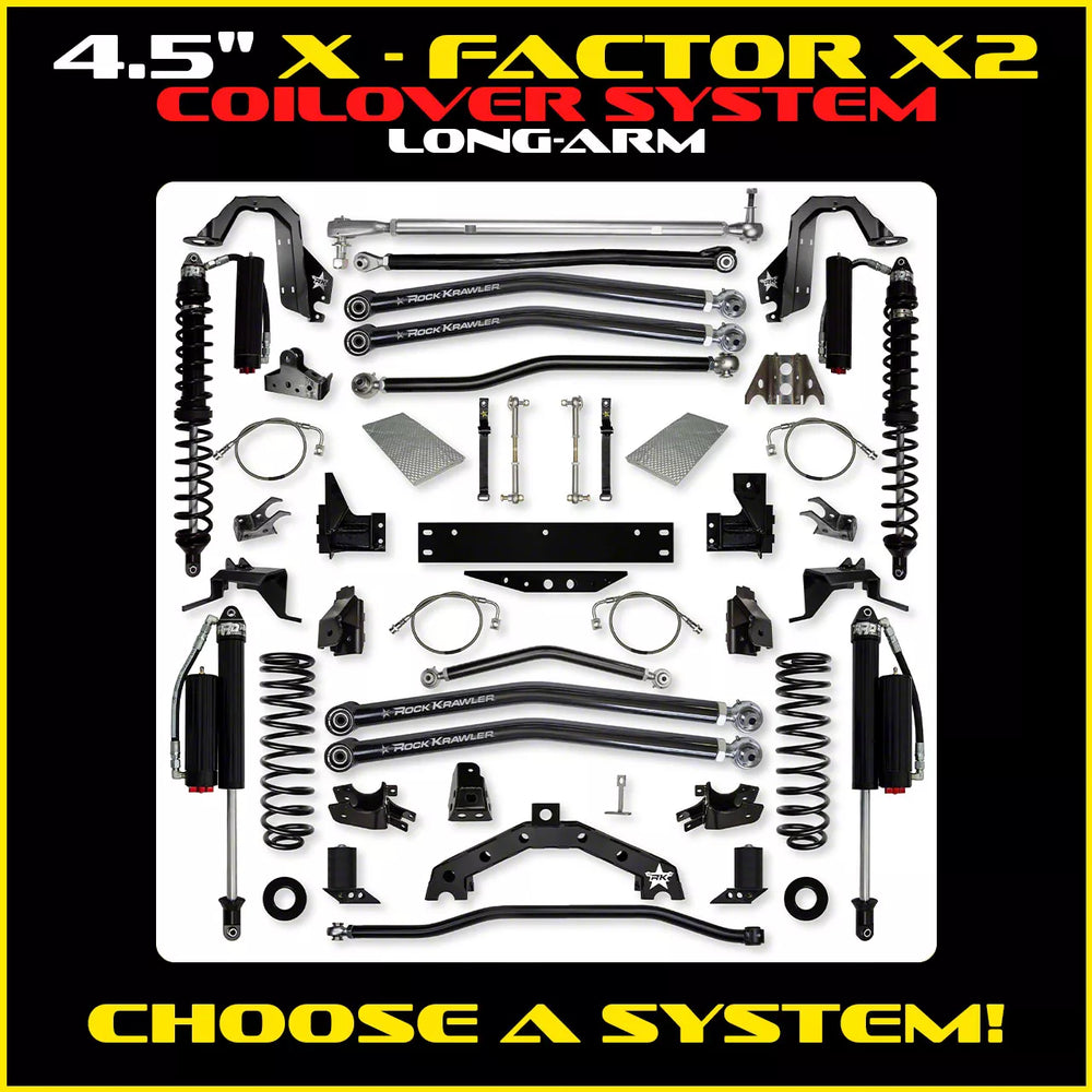 Rock Krawler 4.5 Inch X Factor X2 Pro Elite Coil Over Long System w/ Fast CD Adjusters Lift Kit with Shocks JK45X2PLA-2CSS2