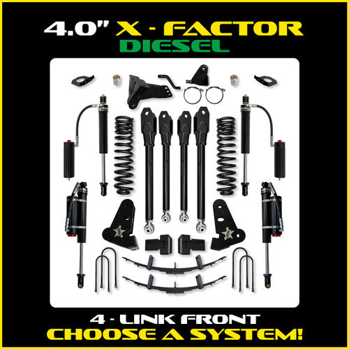 17C F250/F350 4X4 4.0IN X FACTOR SERIES SYSTEM W/ 2 5/8 RR SHOCKS FRONT AND REAR LIFT KIT