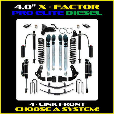 1116 F250/F350 4X4 4.0IN X FACTOR PRO ELITE SYSTEM W/BILLET ALUM ARMS & FCD SHOCKS FRONT/REAR