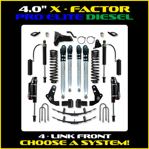 1116 F250/F350 4X4 4.0IN X FACTOR PRO ELITE SYSTEM W/BILLET ALUM ARMS & FCD SHOCKS FRONT/REAR