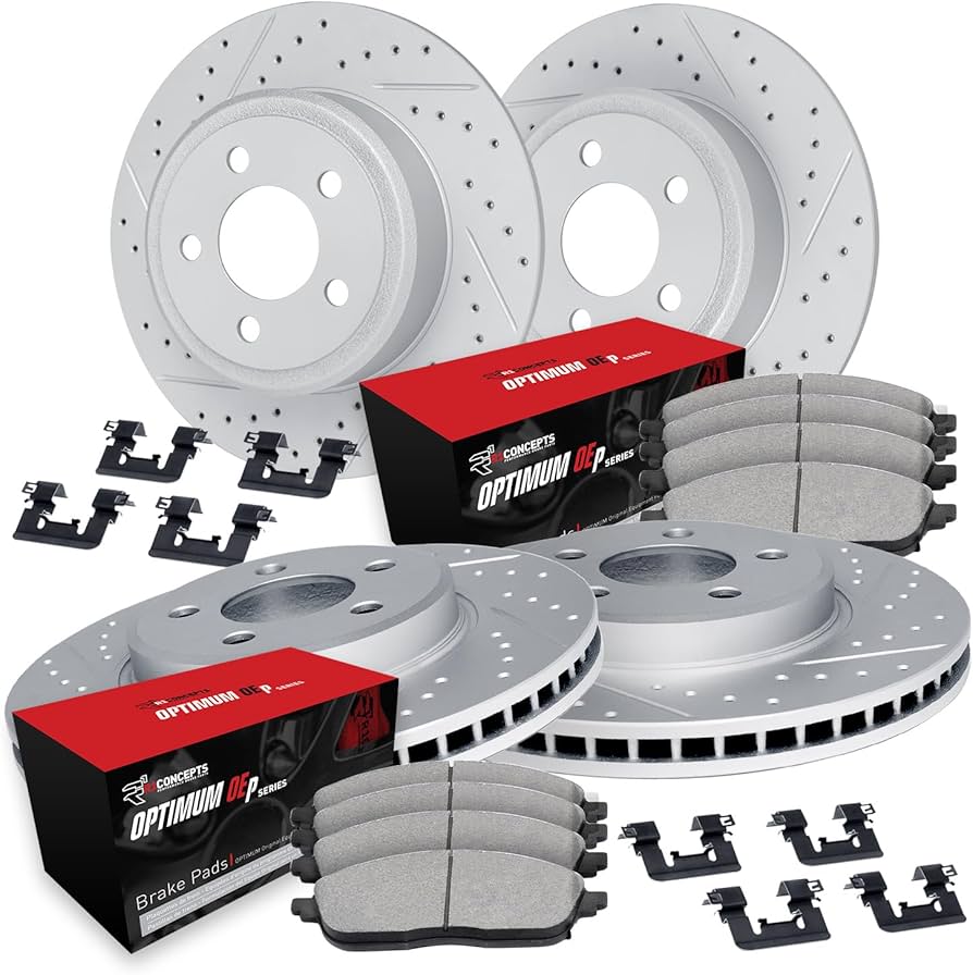 R1 09-14 Acura TL Front & Rear Drill/Slot Carbon Coated Rotor Set w/Optimum Pads