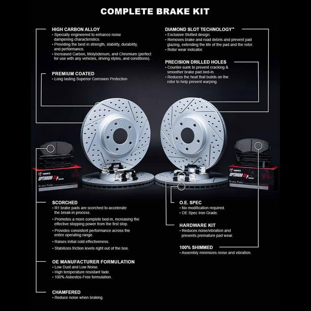 R1 15-21 Subaru Legacy Front & Rear Drill/Slot Carbon Coated Rotor Set w/Optimum Pads