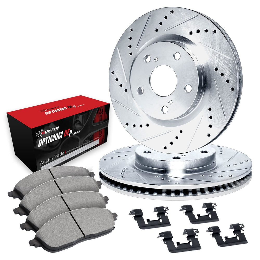 R1 06-16 Buick Lucerne Front Drilled & Slotted Silver Brake Rotor Set w/Optimum OE Pads and Hardware