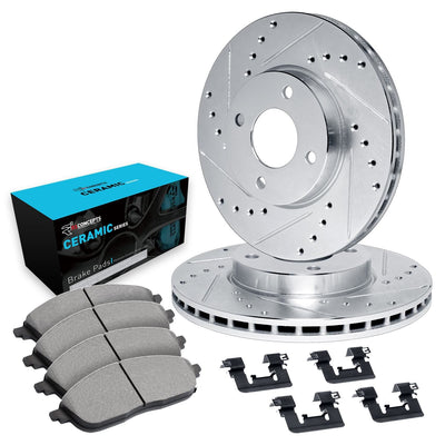 R1 16-22 Chevrolet Spark Front Drilled & Slotted Silver Brake Rotor Set w/Ceramic Pads and Hardware
