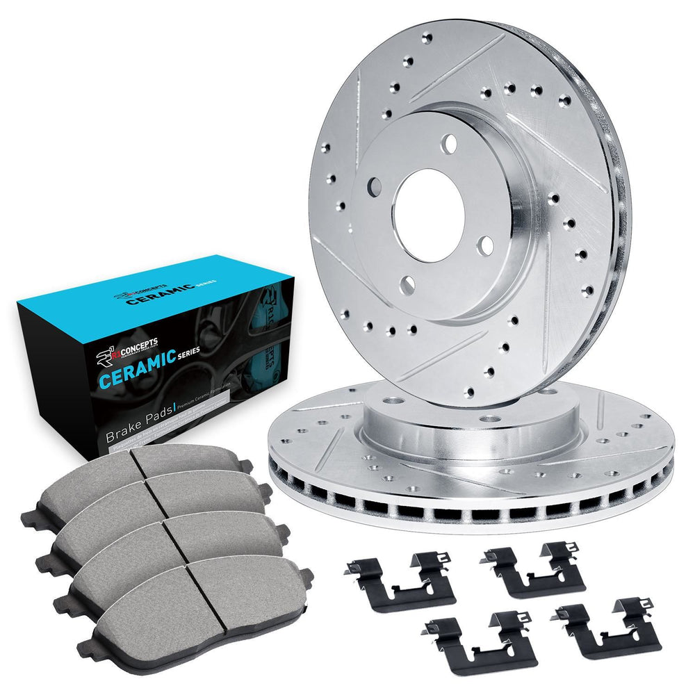 R1 16-22 Chevrolet Spark Front Drilled & Slotted Silver Brake Rotor Set w/Ceramic Pads and Hardware