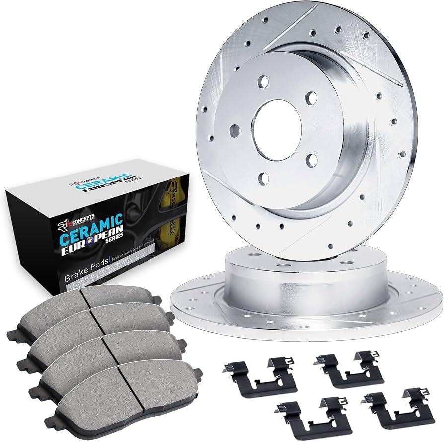 R1 04-13 Mazda 3 Rear Drilled & Slotted Silver Brake Rotor Set w/Euro Ceramic Pads and Hardware