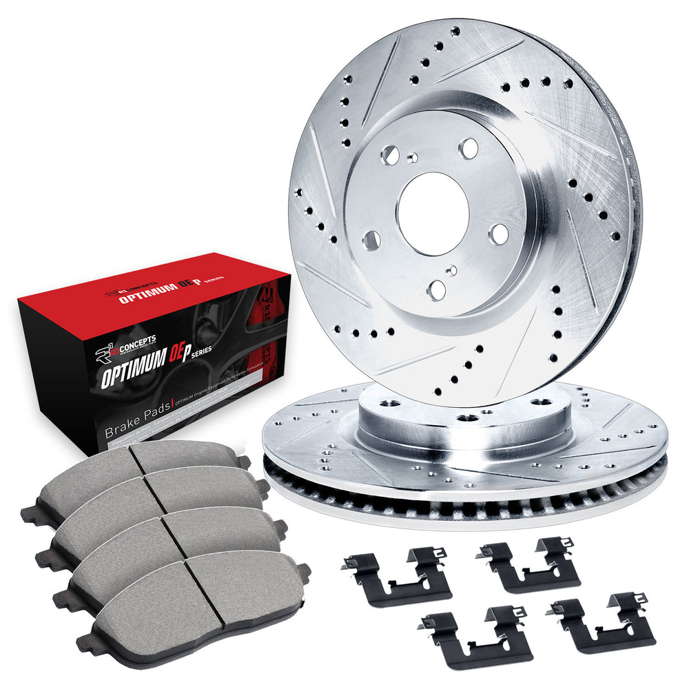 R1 05-23 Chrysler 300 Front Drilled & Slotted Silver Brake Rotor Set w/Optimum OE Pads and Hardware