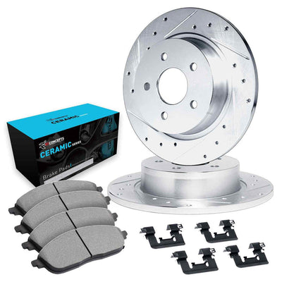 R1 06-18 Lexus HS250h Rear Drilled & Slotted Silver Brake Rotor Set w/Ceramic Pads and Hardware