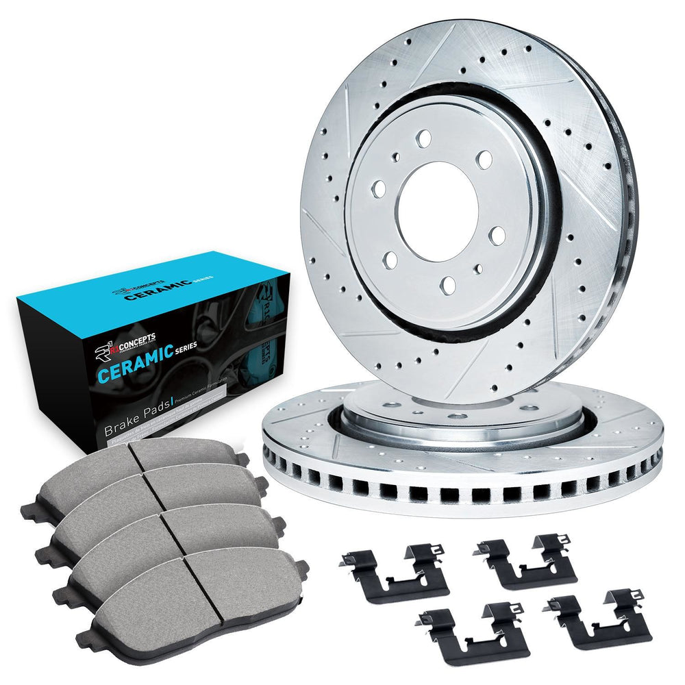 R1 17-20 Buick Enclave Front Drilled & Slotted Silver Brake Rotor Set w/Ceramic Pads and Hardware