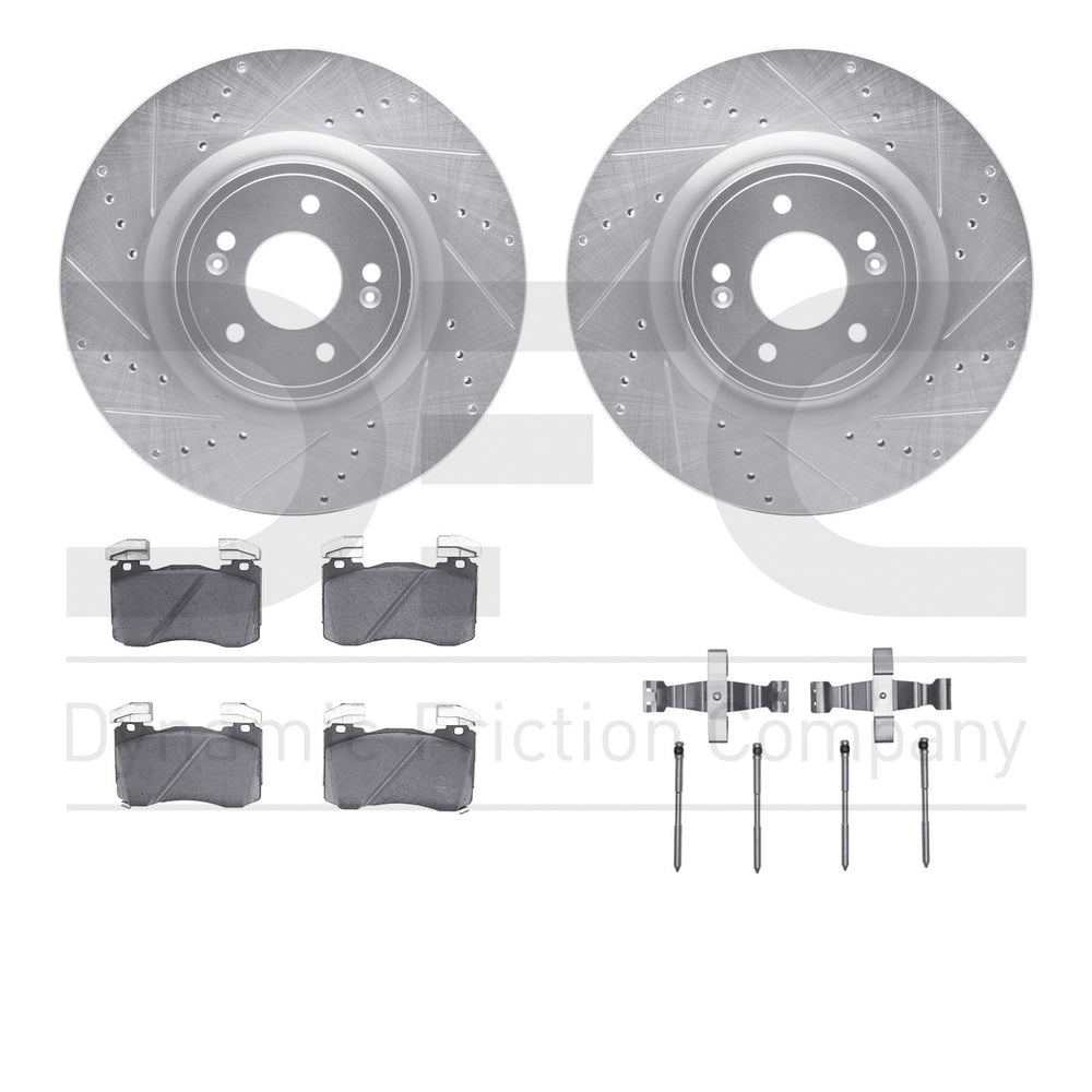 R1 19-22 Genesis G70 Front Drilled & Slotted Silver Brake Rotor Set w/Optimum OE Pads and Hardware