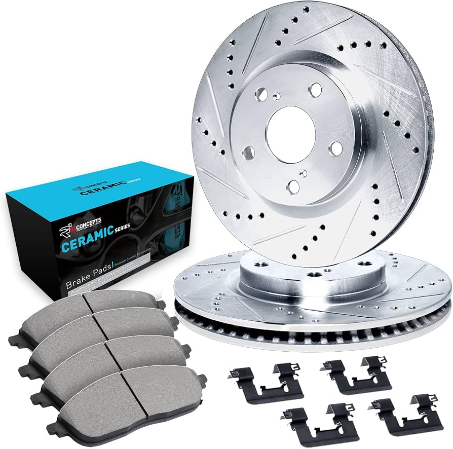 R1 07-18 Jeep Wrangler Front Drilled & Slotted Silver Brake Rotor Set w/Ceramic Pads and Hardware